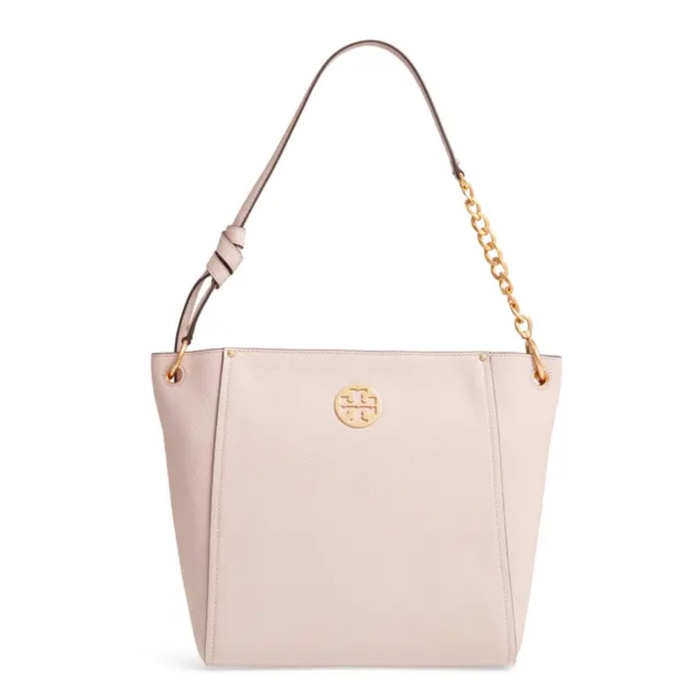 Tory Burch Everly Hobo Bag Shell Pink Pebbled Leather Purse Medium